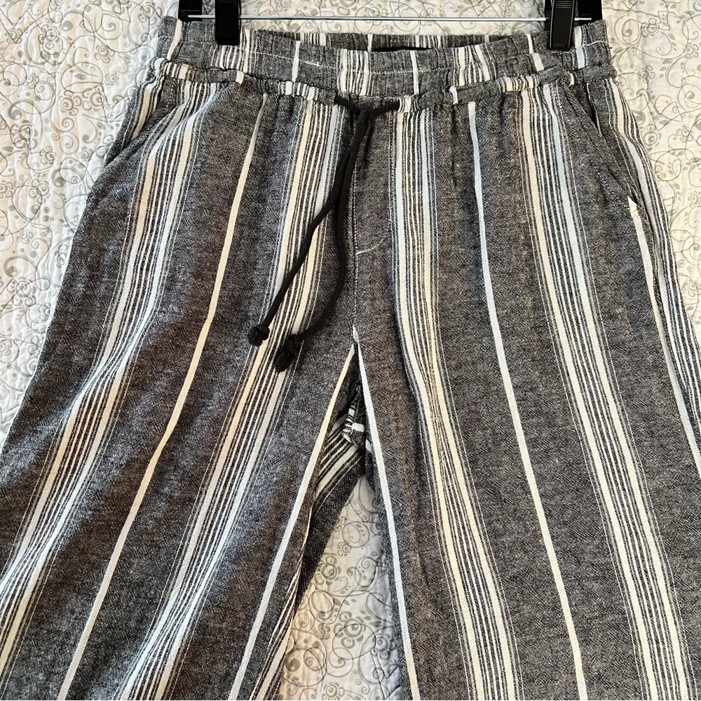 Rewash Linen-Blend Gray & White Striped Wide-leg Comfy Women’s Trousers, Size M